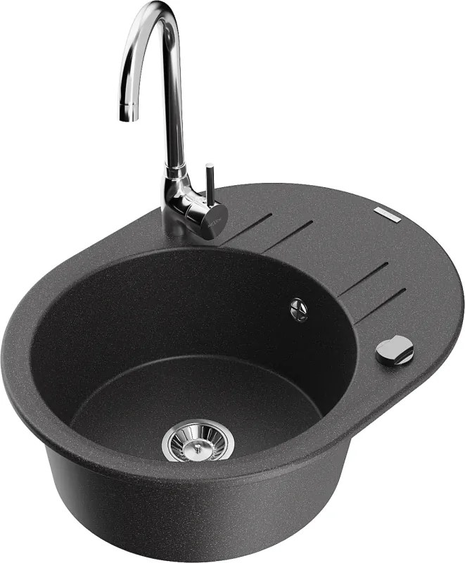 Mexen Kevin chiuvetă granit 1-cameră cu scurgător și baterie de bucătărie Telma, negru punctat - 6517-76-670200-00