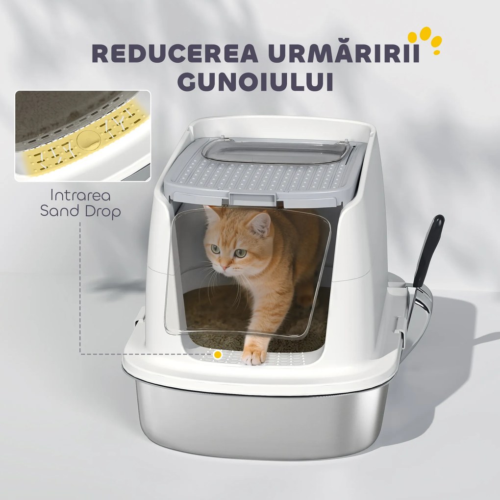 PawHut Litieră pentru pisici cu 2 intrări, deodorant și lopățică, Alb | Aosom Romania