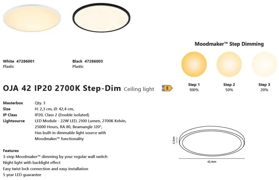 Plafoniera LED design slim, 3-step MOODMAKER, 2700K, Oja 42 negru