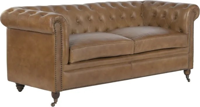 Canapea Chesterfield cu 3 locuri din piele, maro, spătar și brațe capitonate cu ținte, picioare cu rotile, finisaj patinat, 80 x 190 x 77 cm,