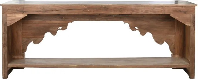 Consolă hol sculptată din lemn, natur, cu raft, friză florală, arcade polilobate și stâlpi sculptați, 91 x 233 x 47 cm, „Imperial”