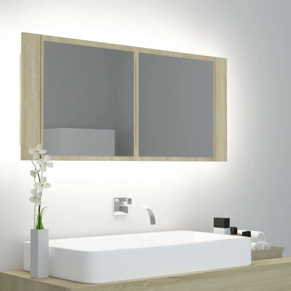 Dulap de baie cu oglindă și led, stejar sonoma, 100x12x45 cm