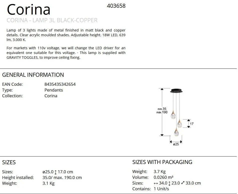 Lustra cu 3 pendule LED design modern Corina negru/ cupru