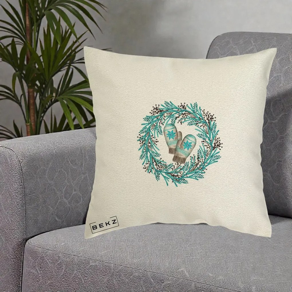 Perna Decorativa Coroana Turcoaz cu Manusi, 40x40 cm, Ecru, Husa Detasabila, Perna Inclusa, BEKZ®