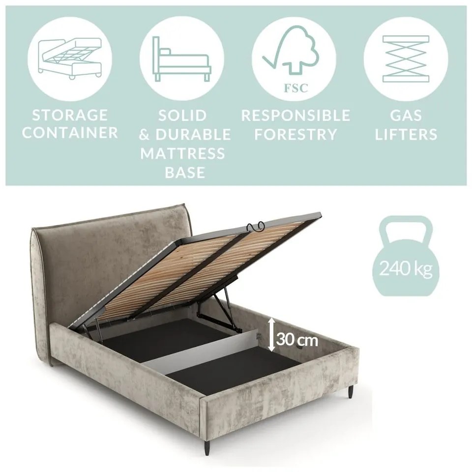 Pat matrimonial albastru închis tapițat cu spațiu de depozitare cu somieră 180x200 cm Shell – Maison de Rêve