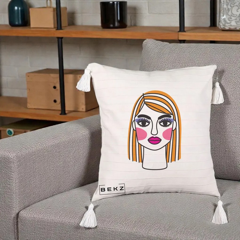 Perna Decorativa Portret Pop Art Fata, 40x40 cm, Bej cu Franjuri, Husa Detasabila, Perna Inclusa, BEKZ®