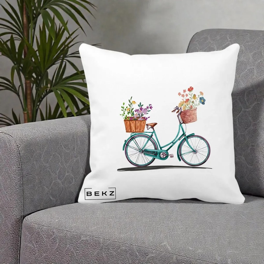 Perna Decorativa Bicicleta Florala Turcoaz Acuarela, 40x40 cm, Alba Mata, Husa Detasabila, Perna Inclusa, BEKZ®