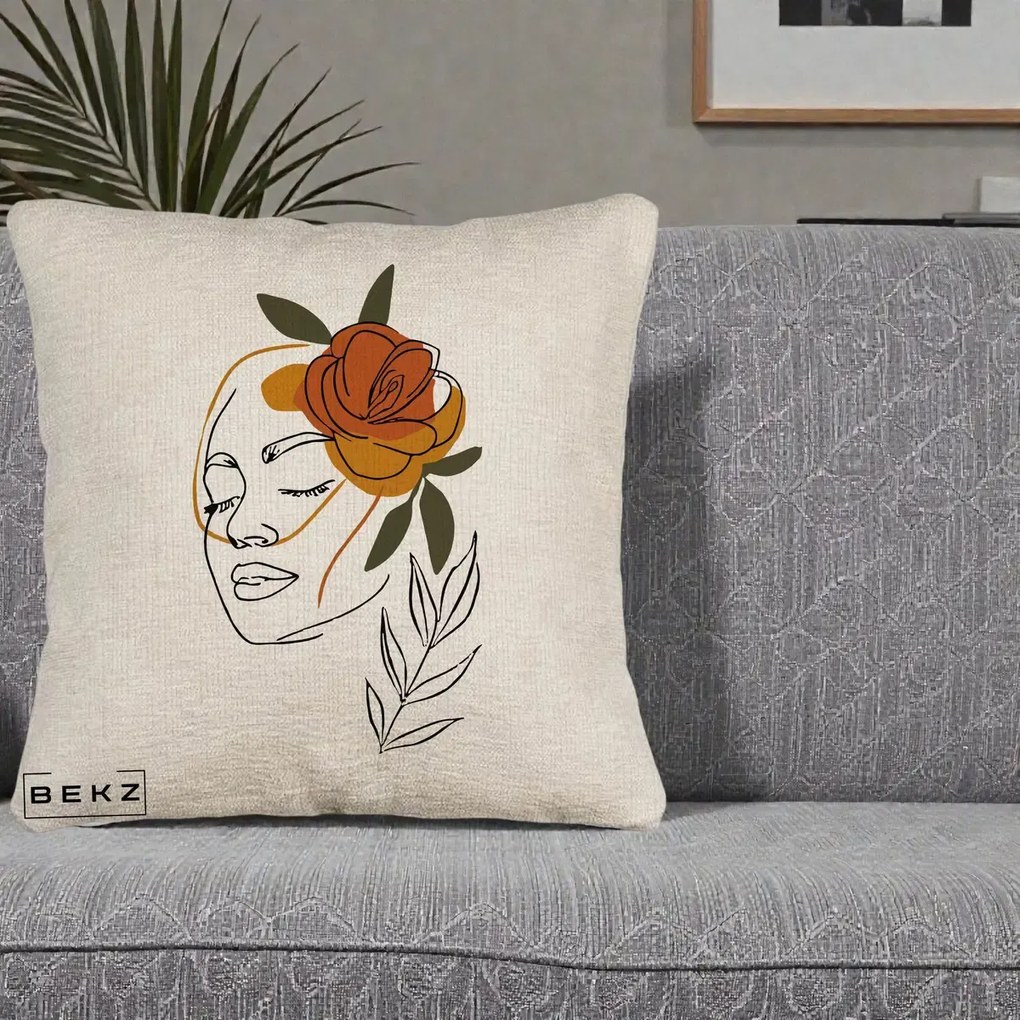 Perna Decorativa Portret Feminin Trandafir Ruginiu, 40x40 cm, Bej Canapea, Husa Detasabila, Perna Inclusa, BEKZ®