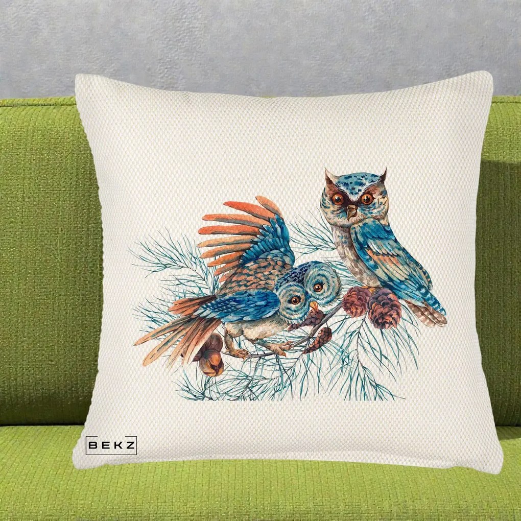 Perna Decorativa Bufnite de Iarna Albastre, 40x40 cm, Crem Reliefat, Husa Detasabila, Perna Inclusa, BEKZ®
