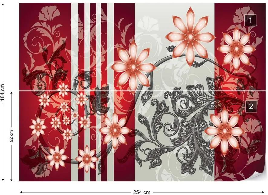 Fototapet GLIX - Floral Pattern With Swirls Red + adeziv GRATUIT Tapet nețesute - 254x184 cm