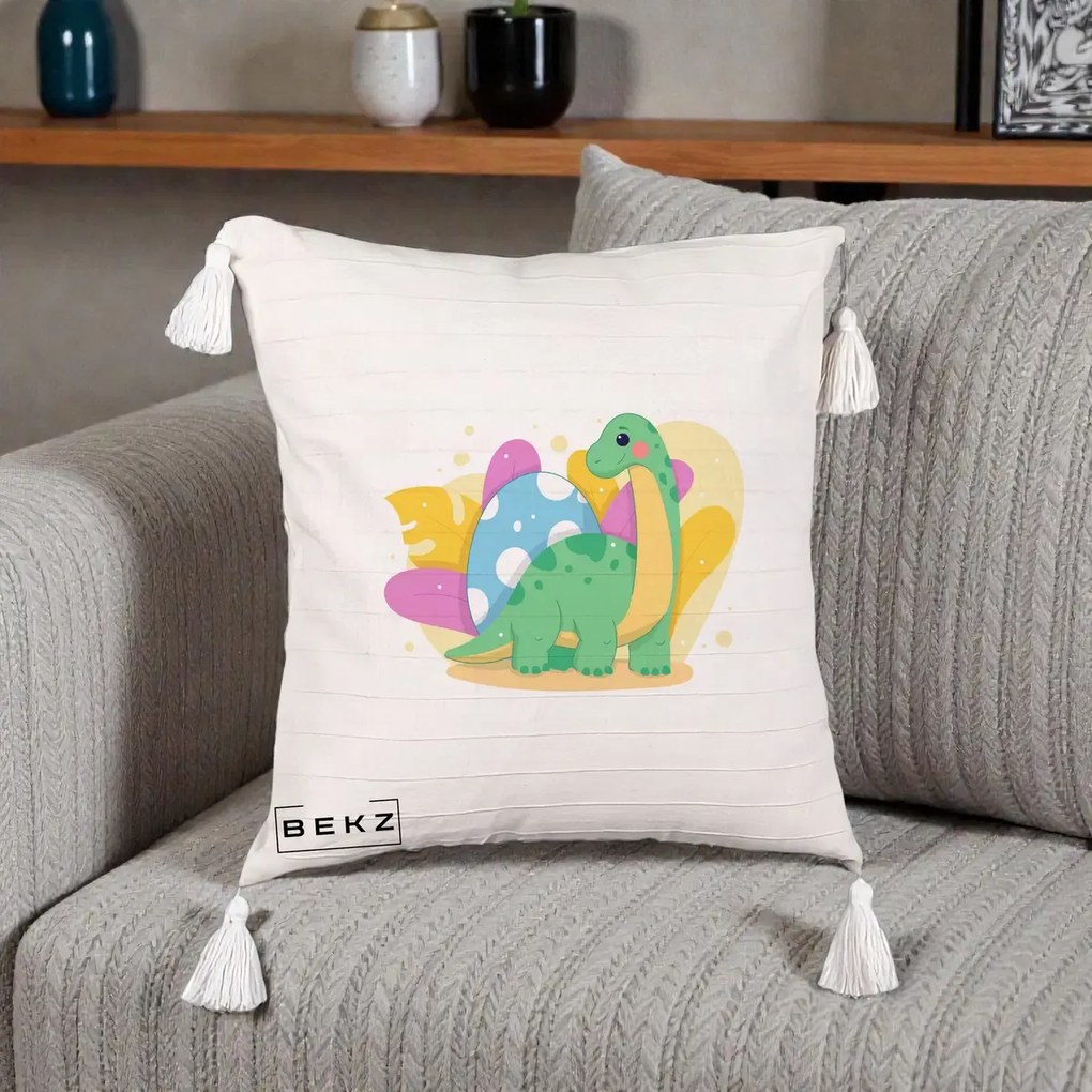 Perna Personalizata Dinozaur cu Ou Pastelat, 40x40 cm, Bej cu Franjuri, Husa Detasabila, Perna Inclusa, BEKZ®
