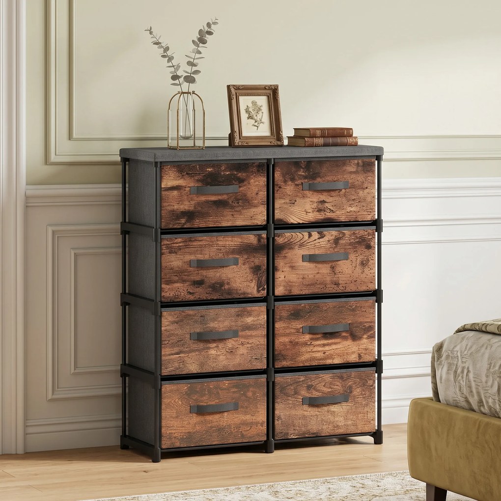 HOMCOM Comodă cu 8 Sertare, Mobilier din Metal pentru Dormitor, Maro Rustic | Aosom Romania