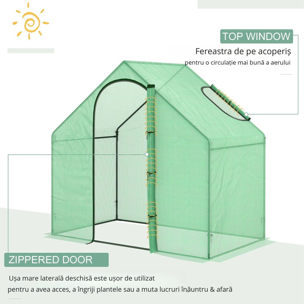 Outsunny Sera Cabina Portabila 180x100cmx168cm, Folie PE, Cadru de Otel, Usa cu Fermoar, Aerisire Superioara, Verde | Aosom Romania