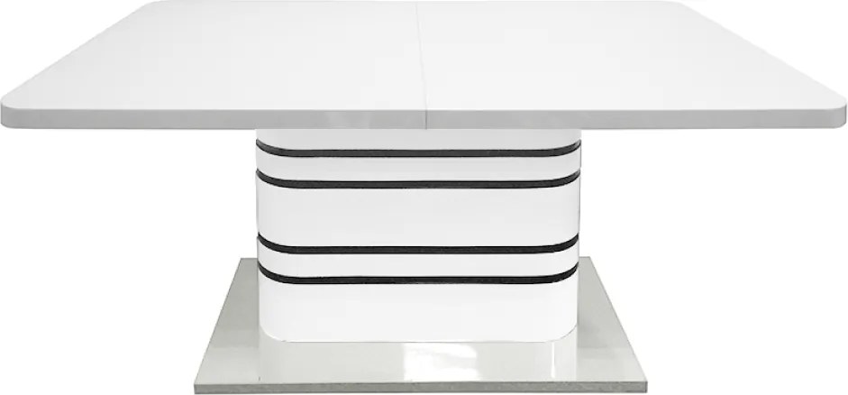 Masă dining extensibilă, alb HG extra lucios/dungi negre, 160-200x90 cm, TUBAL