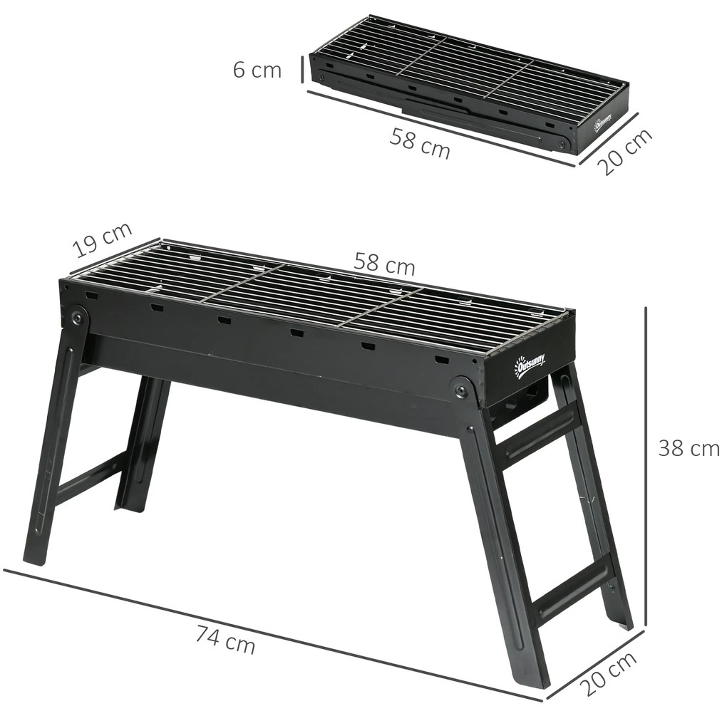 Outsunny Gratar Portabil, Gratar pe Cărbuni cu Picioare Pliabile din Metal Galvanizat și Tavă Extensibilă, 74x20x38 cm, Negru | Aosom Romania