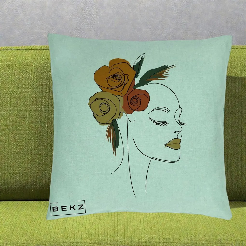 Perna Decorativa Portret Feminin Trandafiri Ruginii, 40x40 cm, Verde Menta, Husa Detasabila, Perna Inclusa, BEKZ®