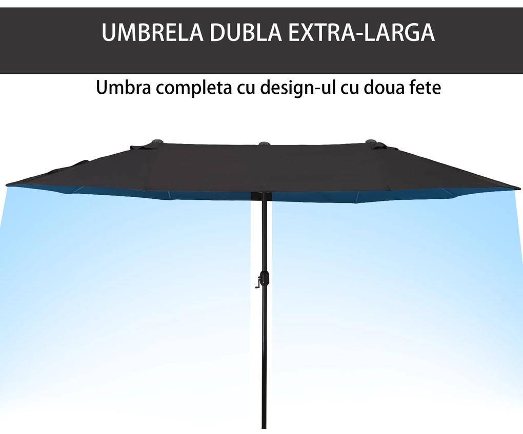 Outsunny Umbrela de Soare Dubla de Gradina 460x270x240cm cu Deschidere prevazuta cu Manivela, Otel si Poliester, Negru