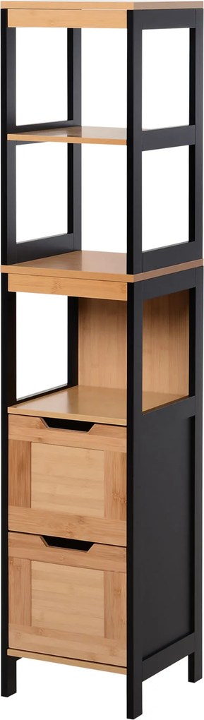 Kleankin Dulap Baie Multifuncțional 2 Sertare 3 Compartimente Lemn MDF Bambus 30x30x144.3cm Culoare Lemn | Aosom Romania