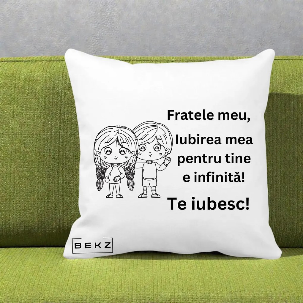 Cadou pentru Frate - Perna Personalizata Fratele Meu Te Iubesc Copii Anime Line Art Negru, 40x40 cm, Alba Mata, Husa Detasabila, Perna Inclusa, BEKZ®