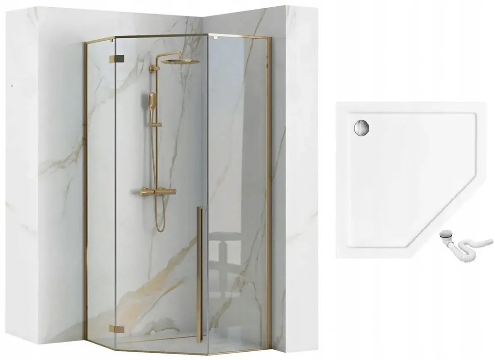 Cabina dus cu cadita de dus pentagonala cu usa batanta Rea Diamond 90x90 auriu - alb