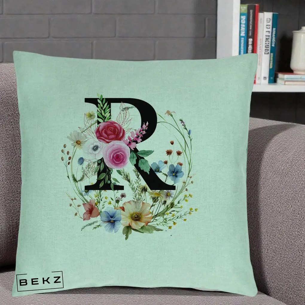 Cadou Personalizat - Perna Personalizata Monogram Litera R cu Flori Acuarela, 40x40 cm, Verde Menta, Husa Detasabila, Perna Inclusa, BEKZ®