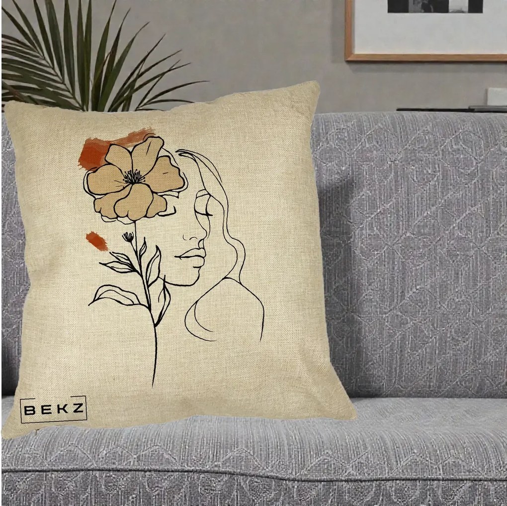 Perna Decorativa Portret Feminin Floare Bej Terracotta, 40x40 cm, Crem, Husa Detasabila, Perna Inclusa, BEKZ®