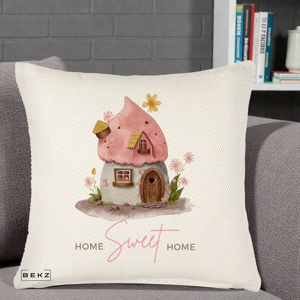 Perna Decorativa Home Sweet Home Casuta, 40x40 cm, Crem Reliefat, Husa Detasabila, Perna Inclusa, BEKZ®