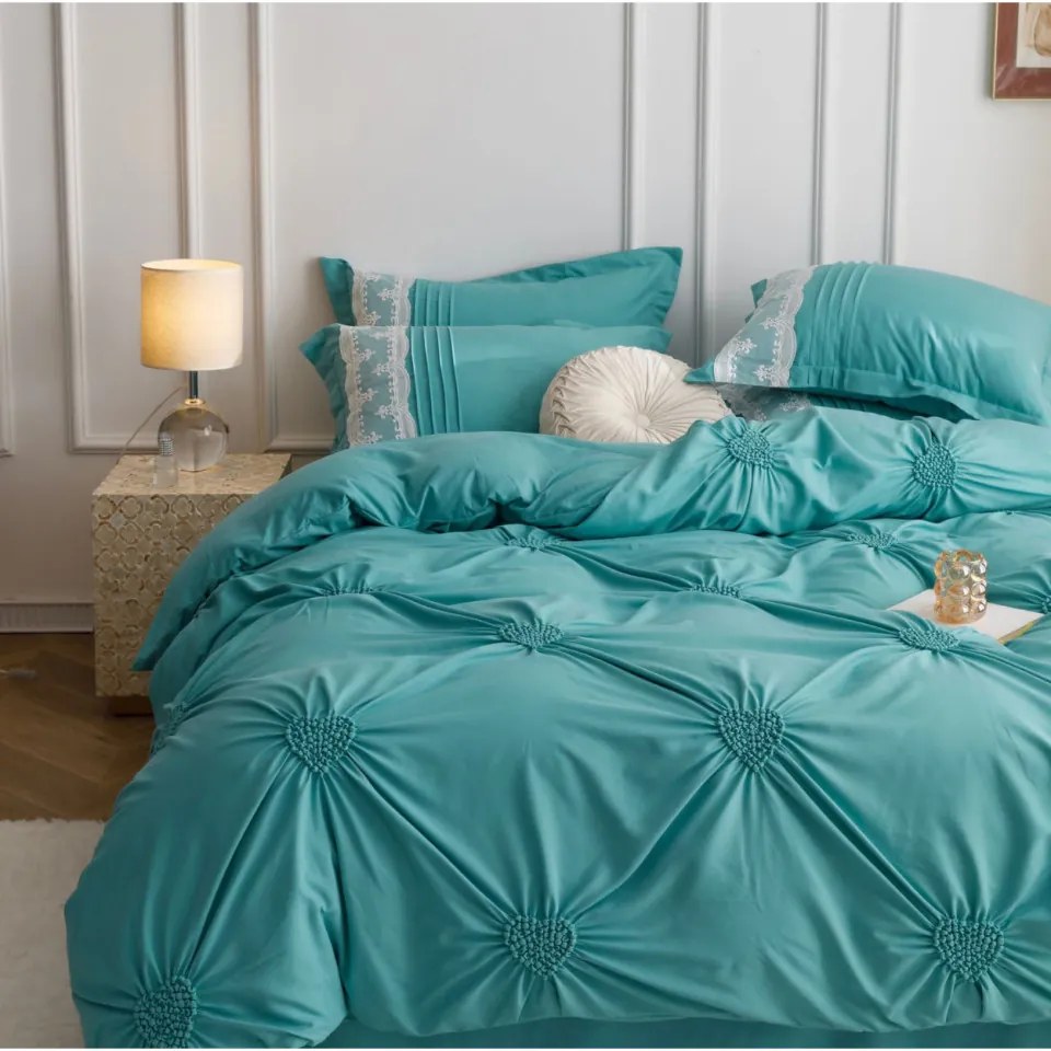 Lenjerie de pat uni cu pliuri si broderie, bumbac tip finet, 6 piese, pat 2 persoane, turquoise, FNJS-56