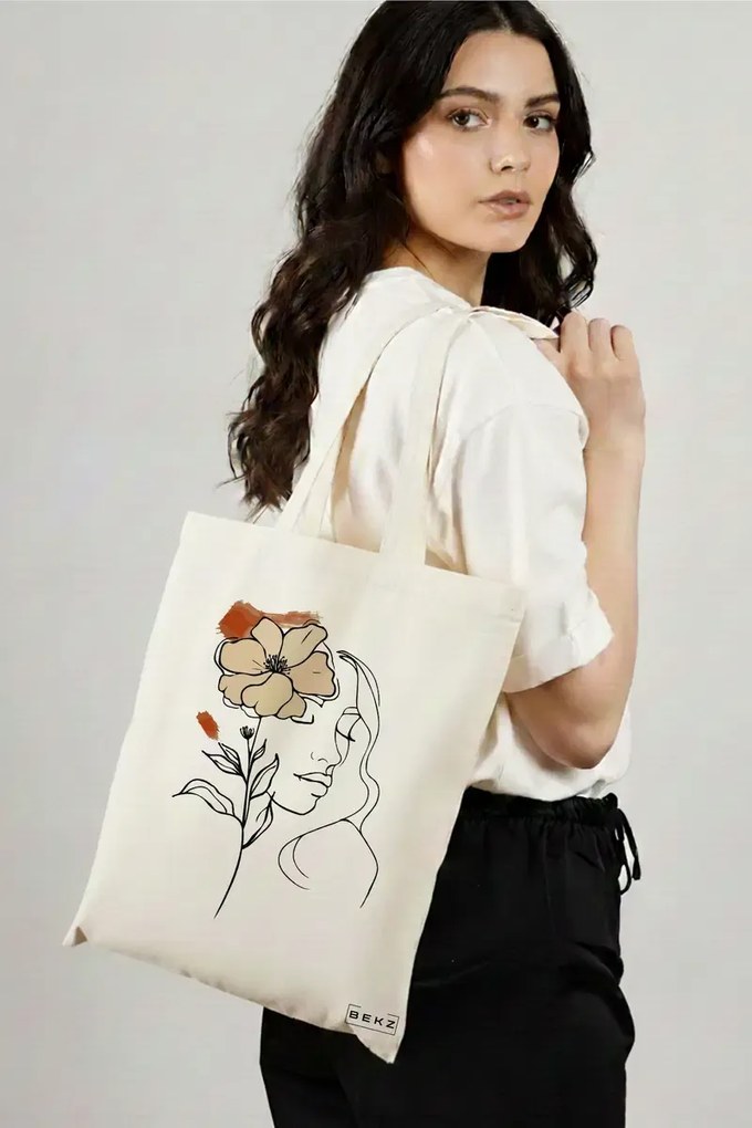 Sacosa de Panza pentru Cumparaturi, Geanta Tote, Flower Lady 5, 38x34.5 cm, Alba, BEKZ®