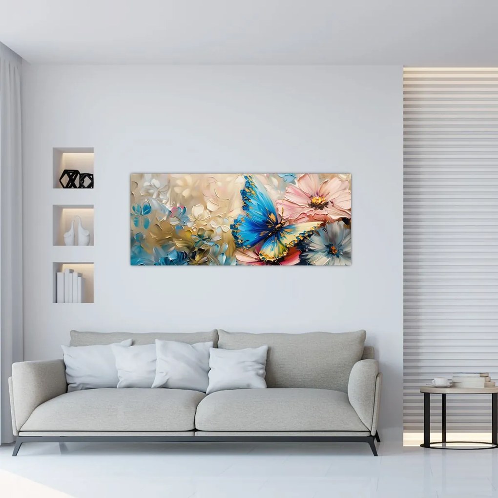 Tablou - Pictura de flori și fluturi (120x50 cm)