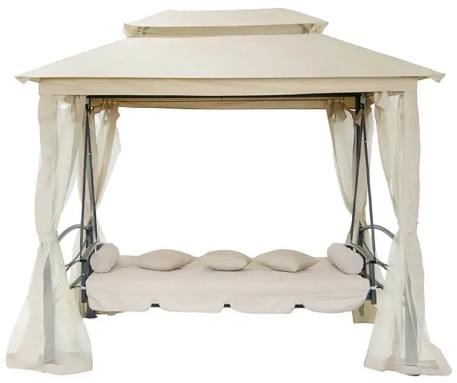 Foisor de gradină cu balansoar, canapea 3 locuri, pavilion gradina cu plasa tantari, cadru metalic, 252x175x250 cm, Bej