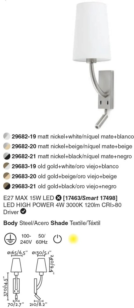 Aplica perete cu reader LED design clasic REM auriu/bej