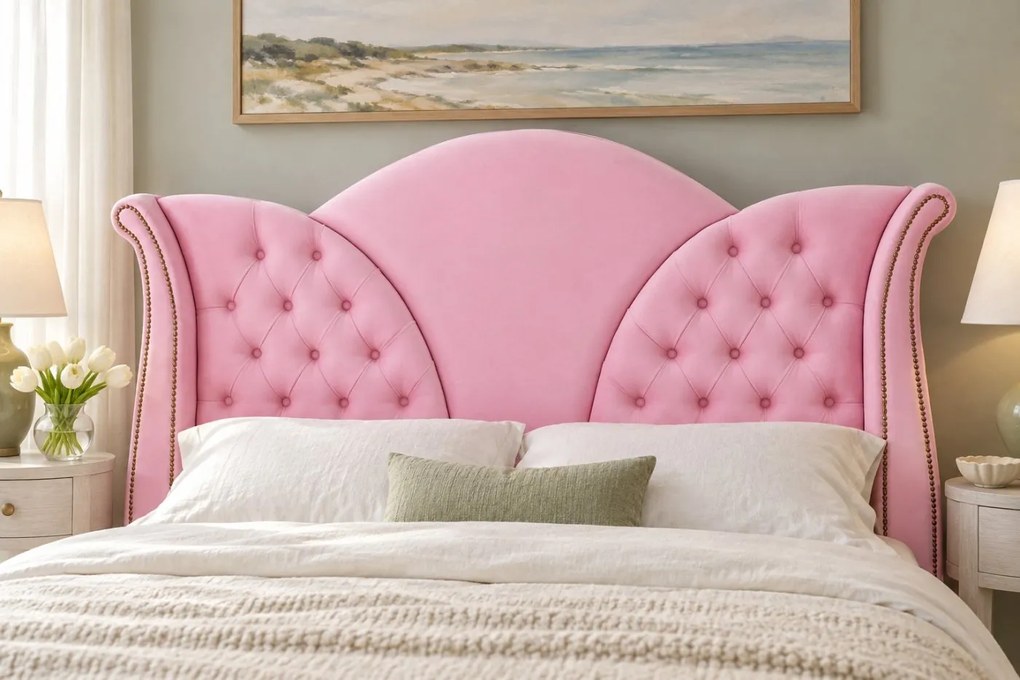 Pat tapițat Chesterfield din catifea Velora 180×200 cm, roz, cu ladă de depozitare