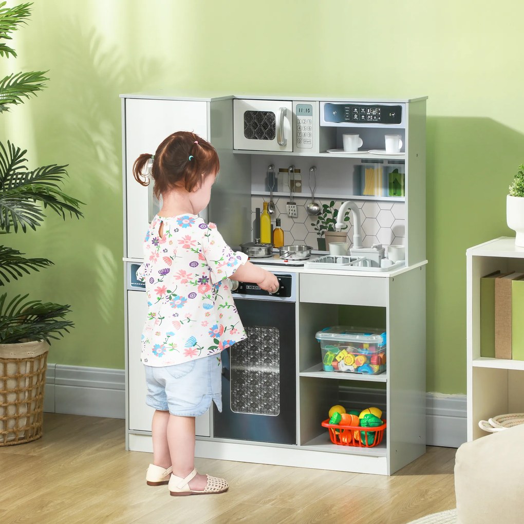 AIYAPLAY Set de bucatarie de joaca cu cratite din inox, Plita, Chiuveta cu sistem de apa, Functii de lumina si sunet, Alb | Aosom Romania