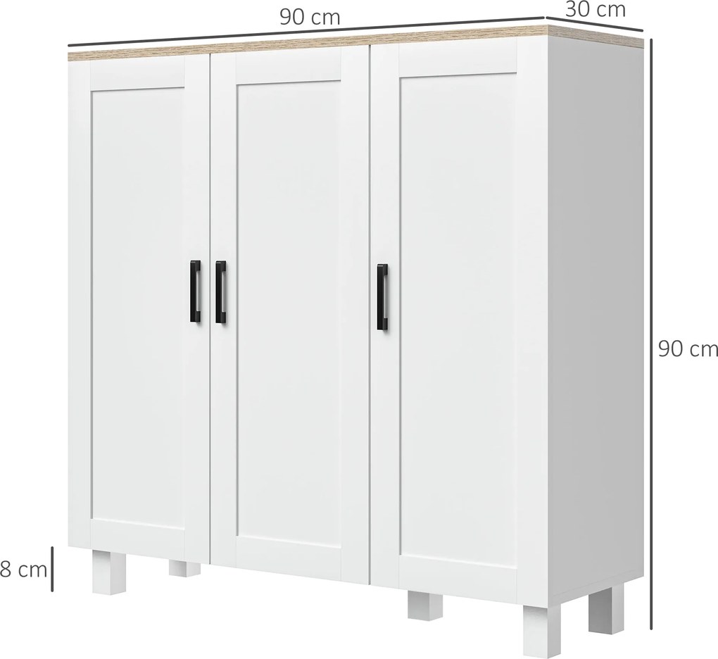 HOMCOM Bufet de Bucătărie din Lemn, Mobilier cu 3 Uși, Rafturi Reglabile, Stil Scandinav, pentru Living, Sufragerie, 90x30x90cm, Alb | Aosom Romania
