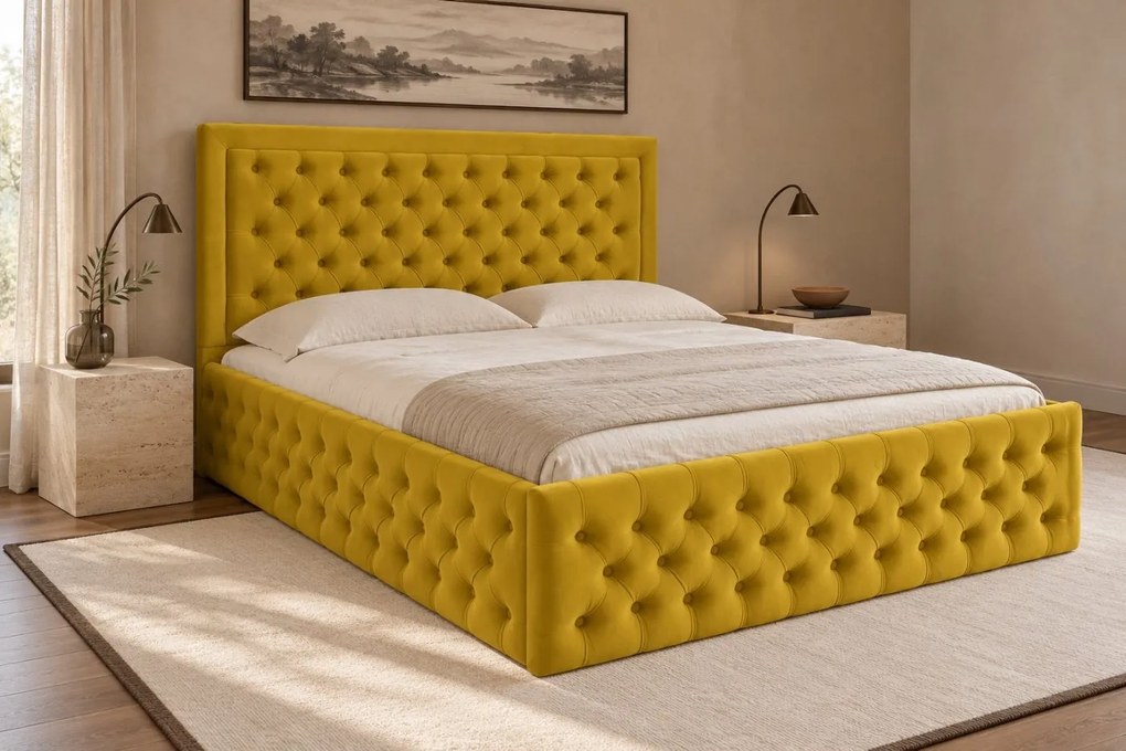 Pat tapițat Chesterfield din catifea Ophelia Deluxe 140×200 cm, galben muștar, cu ladă de depozitare
