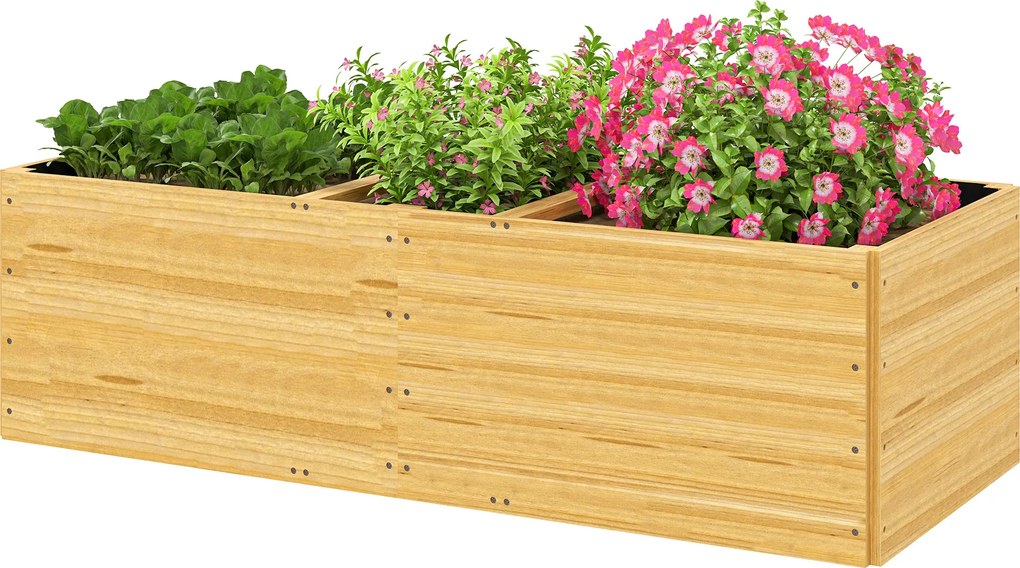 Outsunny Strat de Grădină Înălțat și Adânc cu 3 Zone de Creștere și Strat de Protecție, 140x60x40 cm, Lemn Natural | Aosom Romania