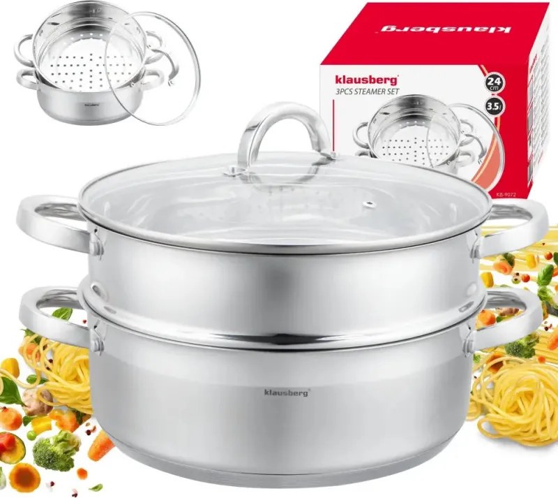 Oala pentru gatit la abur Klausberg KB 9072, 3,5 l, 24 cm, 3 piese, Simultan pe 2 niveluri, Scala de masurare, Fund cu 5 straturi, Inductie, Otel inoxidabil