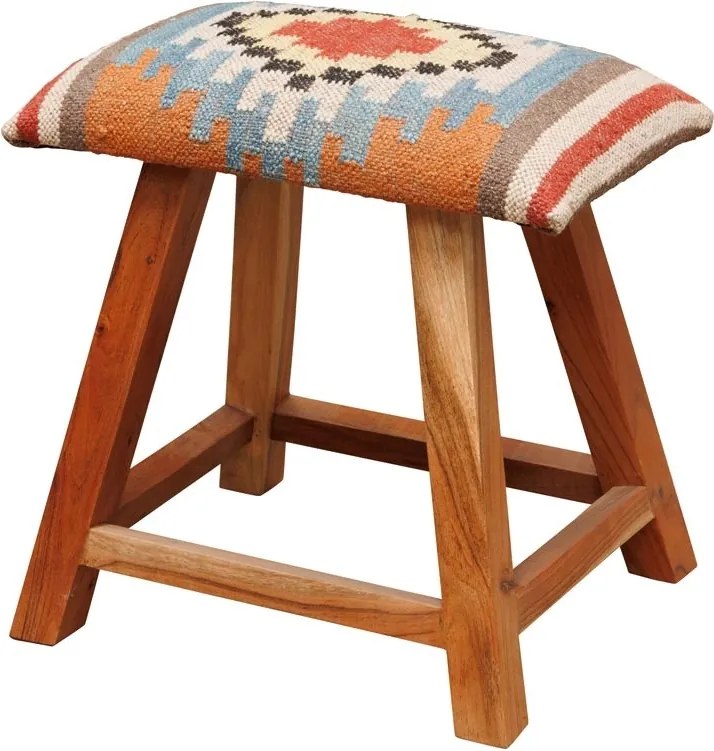Taburet kilim din iută, lână și lemn de mango, multicolor, cu medalion central și picioare înclinate, 45 x 45 x 35 cm, „Autumn Killim”