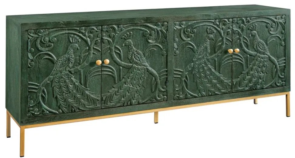 Comoda PEACOCK 175cm lemn de mango verde sculptat 3D cu design paun