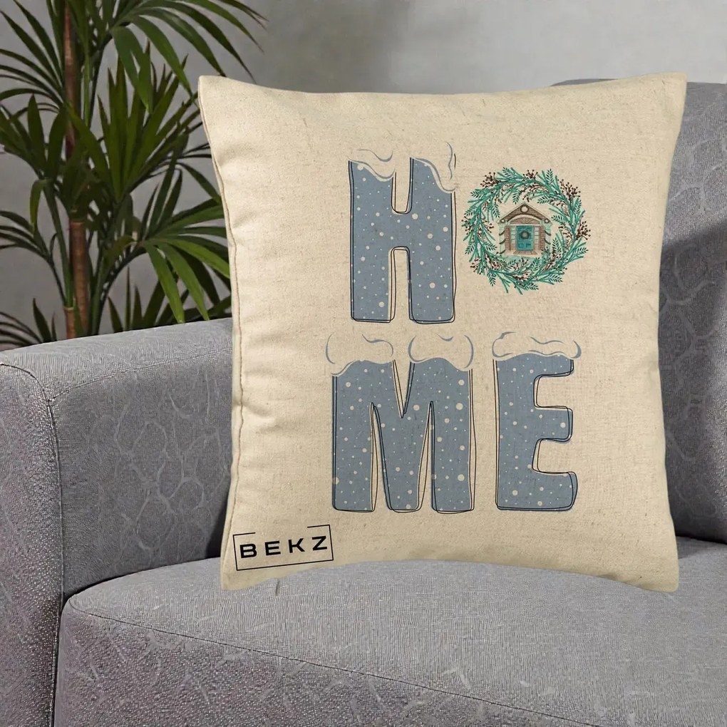 Perna Decorativa HOME Iarna cu Coroana, 40x40 cm, Bej, Husa Detasabila, Perna Inclusa, BEKZ®
