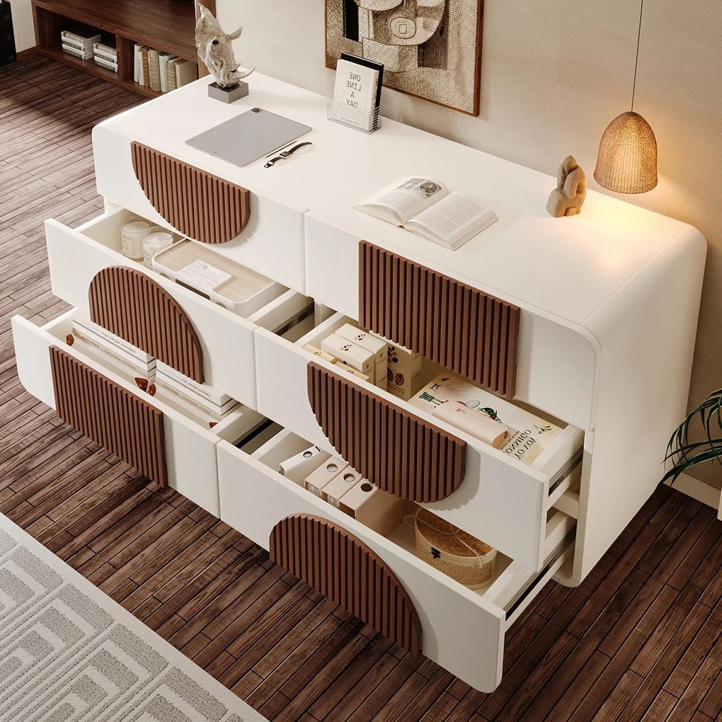 Comodă cu 6 sertare, cu șipci din lemn de culoare ciocolată și picioare sferice din lemn masiv, albe, 121x41x71 cm, Alb