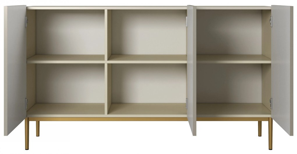 Comodă Nicole 150 cm cu trei uși, fronturi riflate - casmir / picioare aurii