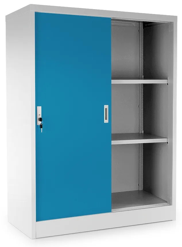Dulap metalic universal mediu cu uși glisante 90 x 40 x 120 cm, încuietoare cilindrică, albastru - ral 5012