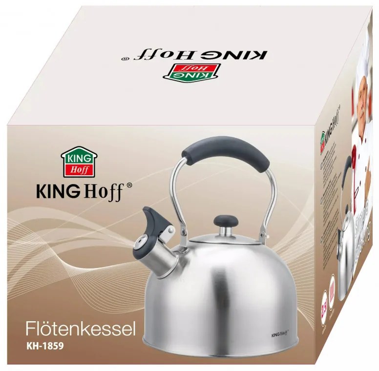 Ceainic cu fluier Kinghoff KH 1859, 2.5 l, Inducтie, Mаner din lemn, Inox