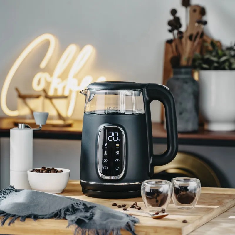 Cana electrica Adler AD 1305 BS, 1850/2200 W, 1,7 L, Control tactil, Afisaj LCD color, 5 setari de temperatura 40-100°C, Filtru anticalcar, Negru/Gri