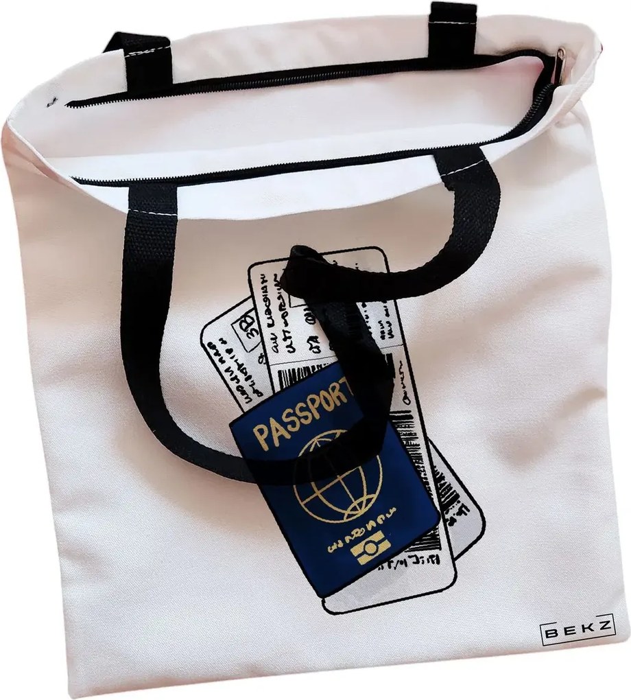 Sacosa de Panza pentru Cumparaturi, Geanta Tote, Travel Girl 19, Cu fermoar, 38x34.5 cm, Alba, BEKZ®