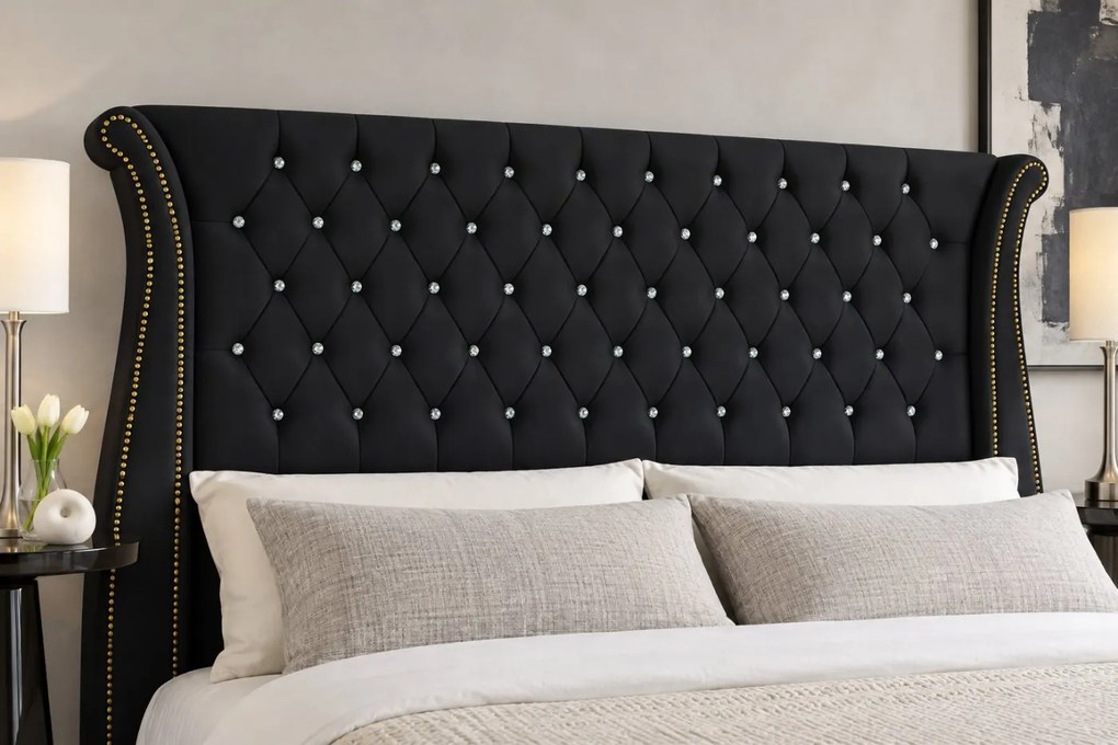 Pat tapițat din catifea Zafira 160×200 cm, negru, cu ladă de depozitare