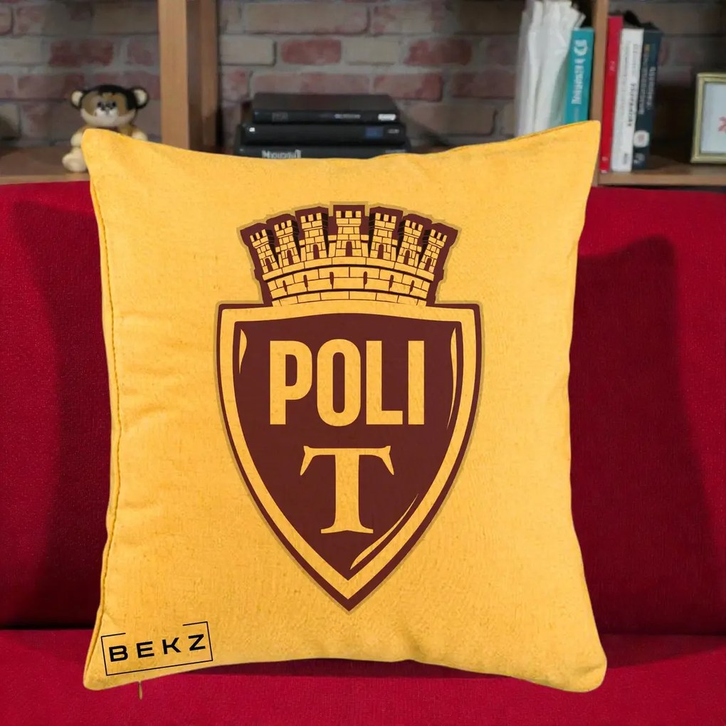 Perna Personalizata Poli Timisoara Fotbal, 40x40 cm, Galben, Husa Detasabila, Perna Inclusa, BEKZ®