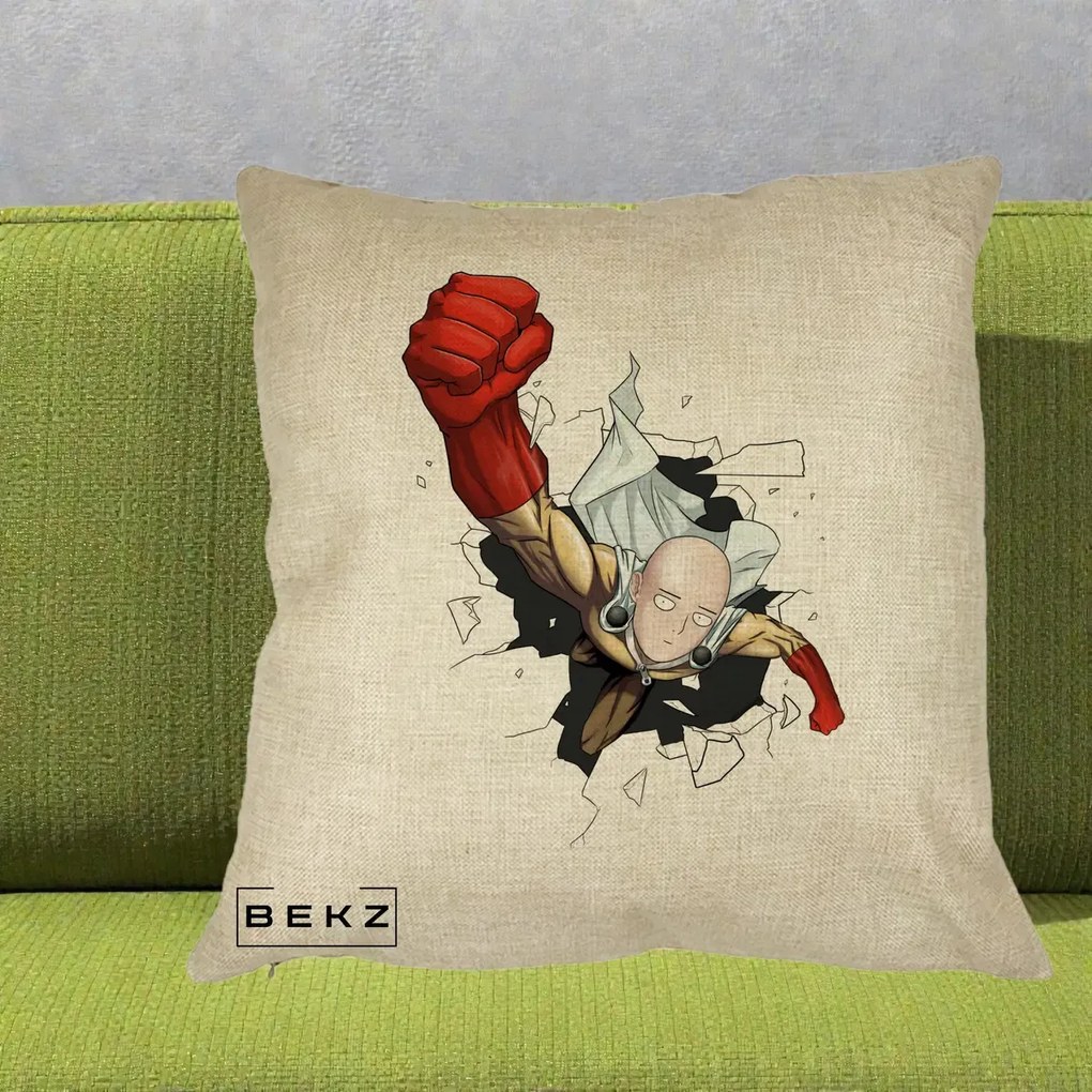 Perna Personalizata One Punch Man Saitama Pumn, 40x40 cm, Crem, Husa Detasabila, Perna Inclusa, BEKZ®